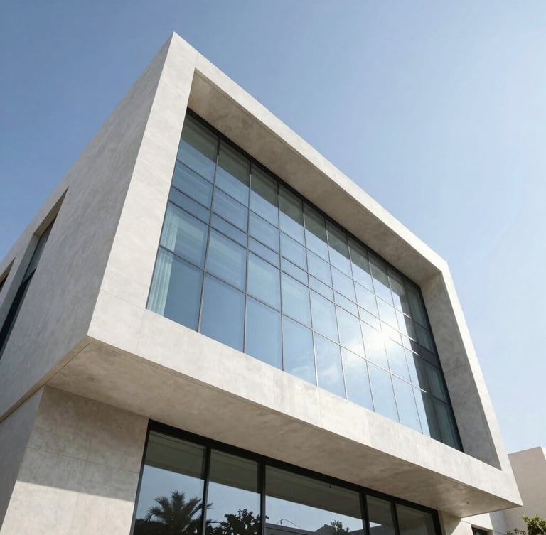 Low-angle heroic architectural shot of a modern luxury villa in Abu Dhabi, sharp daylight, clean straight lines, high-contrast concrete and glass facade.