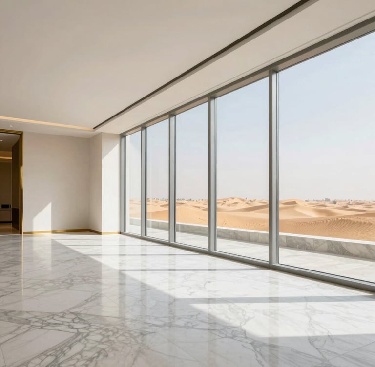 Pristine minimalist interior of a luxury Al Ain penthouse, polished marble floors, brass accents, floor-to-ceiling windows showing distant palm dunes, crisp daylight