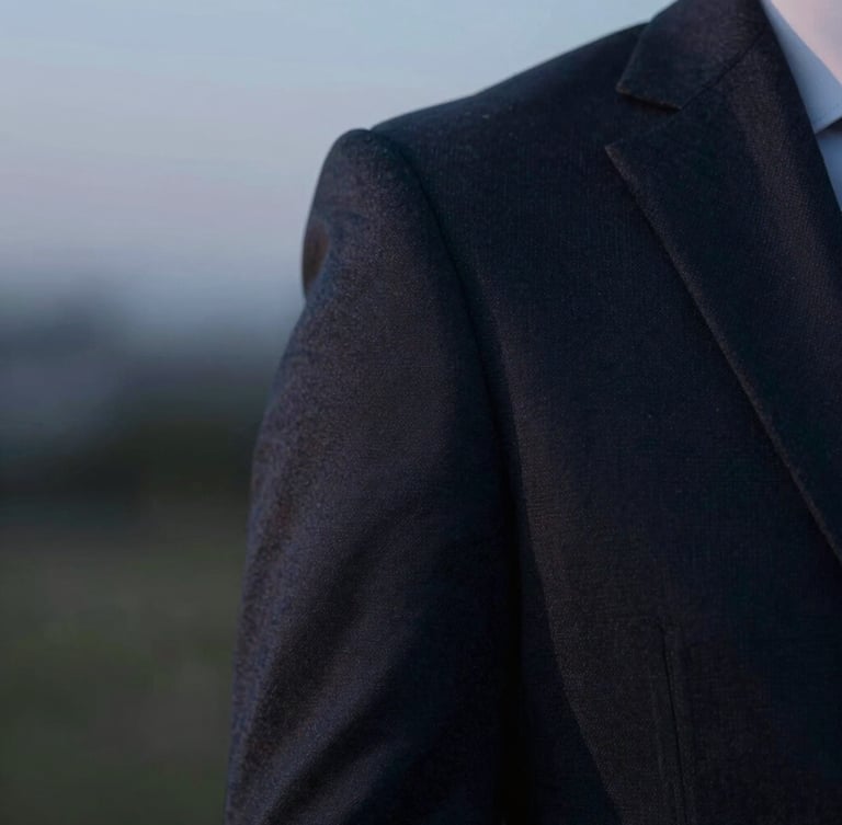 A close-up of a sharp, tailored dark suit sleeve with a subtle earpiece visible in the soft-focus background, cool twilight tones