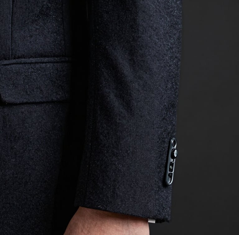 Macro detail of a tailored dark wool suit sleeve and a subtle, low-profile earpiece, cool high-contrast lighting, dark background.
