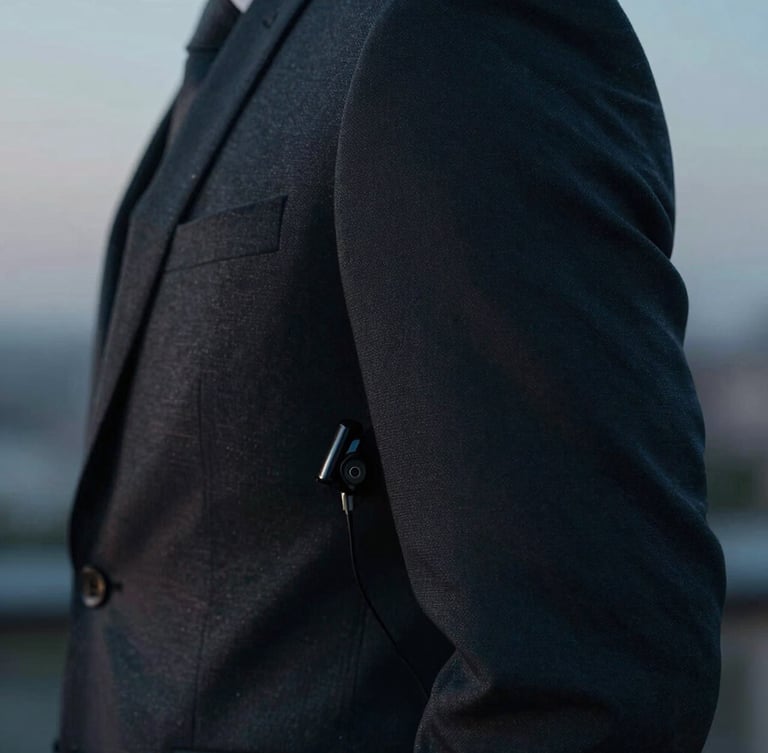 Cinematic close-up of a sharp, tailored dark suit sleeve with a subtle, low-profile earpiece visible, cool twilight tones, high contrast.
