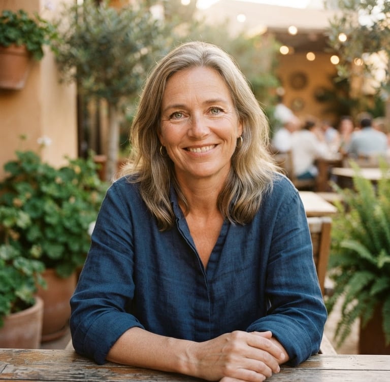A warm, natural close-up portrait of a friendly Dutch woman in her late 40s with a kind smile, soft golden-hour Spanish sunlight, outdoor terrace background with green plants, 35mm photography, shallow depth of field