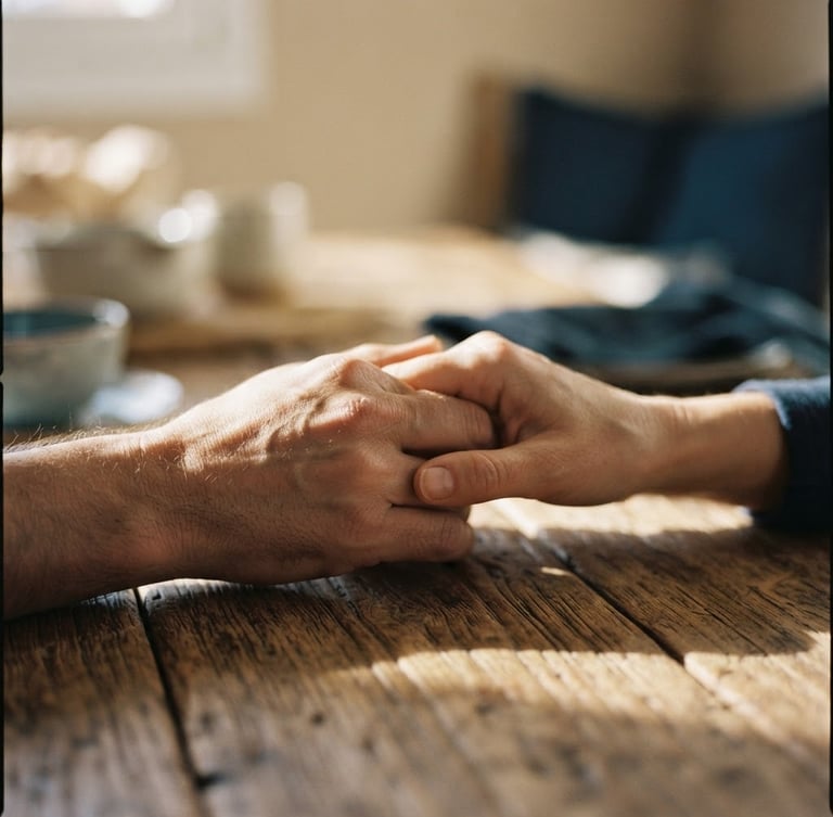 Close-up of hands holding warmly over a rustic wooden table, soft morning Spanish sunlight casting long shadows, warm editorial photography, shallow depth of field, 35mm