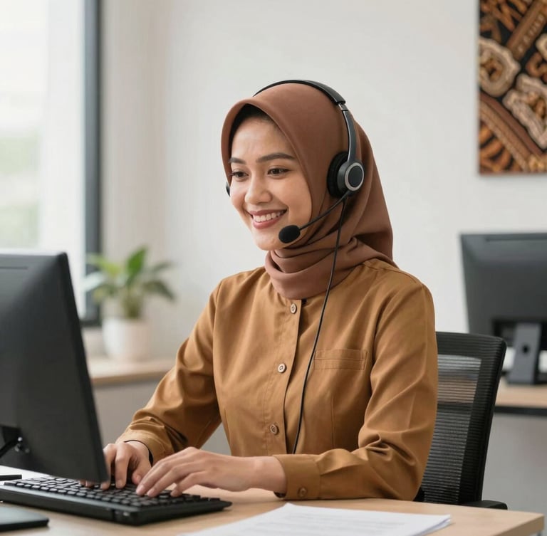 Dignified Indonesian customer support specialist in a modern bright office, smiling warmly, minimalist decor with traditional batik accent, soft natural daylight, premium photography