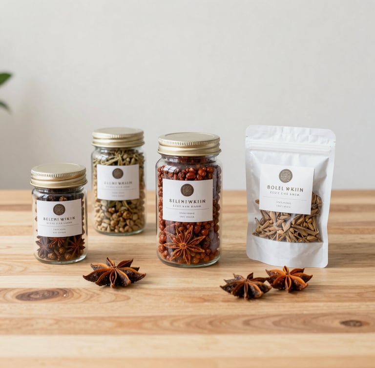 Authentic Indonesian spices and premium packaged goods arranged beautifully on a clean wooden table, soft natural daylight, rich warm tones