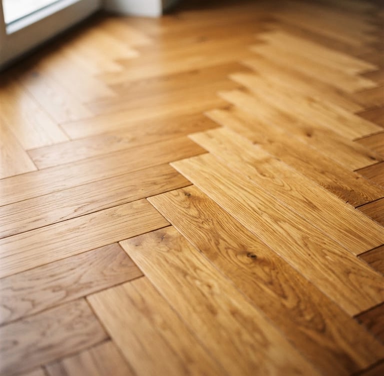 Close-up of a beautifully restored herringbone parquet floor, warm oak tones, natural side-light from a window, shallow depth of field, 35mm