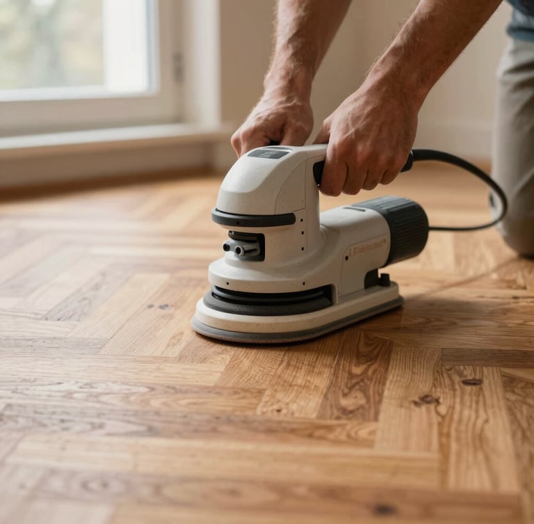 Craftsman operating professional dust-free floor sanding machinery on a historic parquet floor, warm side-light, close-up on the machine and wood texture.