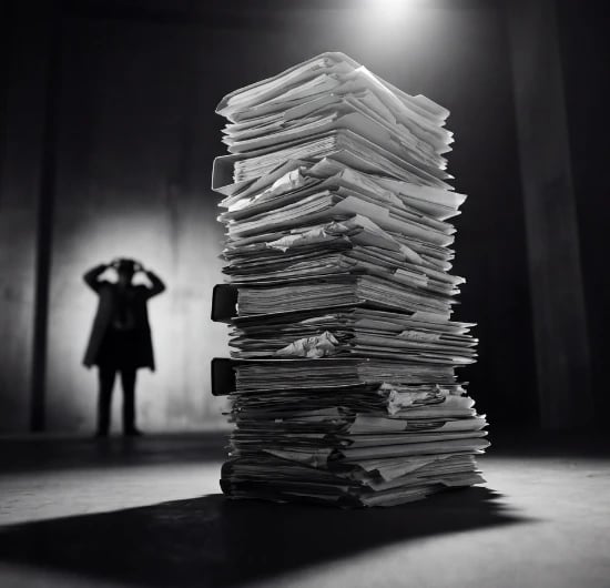 Persona abrumada y estresada frente a montañas de papeleo al tramitar tu retiro.