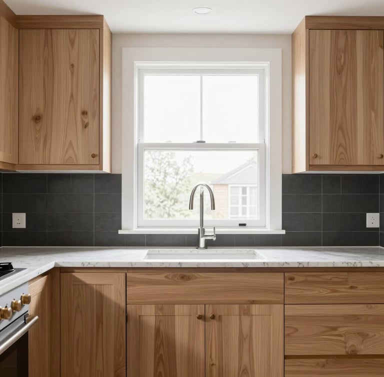 Straight-on architectural interior photography of a modern kitchen, bright natural window light, custom white oak cabinetry with perfectly matched grain, clean quartz countertop edges, 35mm lens.