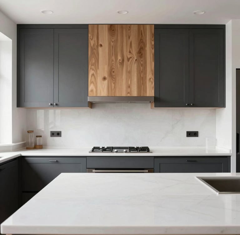 Straight-on architectural shot of a modern kitchen with custom charcoal cabinets, warm oak accents, and pristine white quartz countertops flooded with natural light, 35mm lens