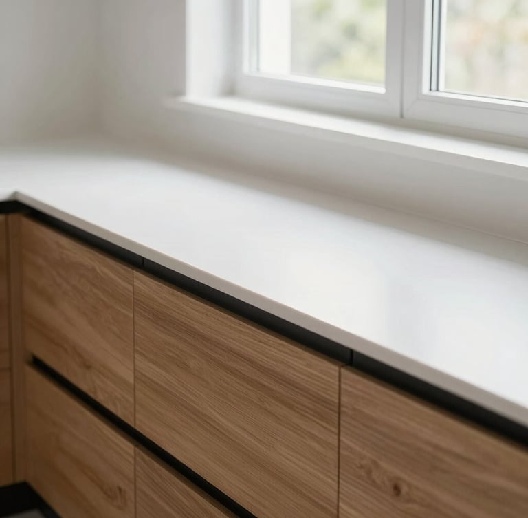 Tight architectural detail shot of a pristine, newly finished kitchen counter with warm oak accents, bright daylight, dust-free clean surfaces