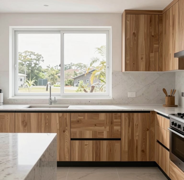 Straight-on architectural shot of a bright modern kitchen with custom oak cabinetry and clean quartz countertops, natural daylight