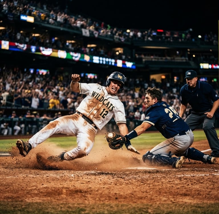 Low-angle dynamic shot of a baseball player with a dirt-stained jersey sliding into home plate, stadium lighting, dramatic shadows, rich saturated tones, 35mm lens.
