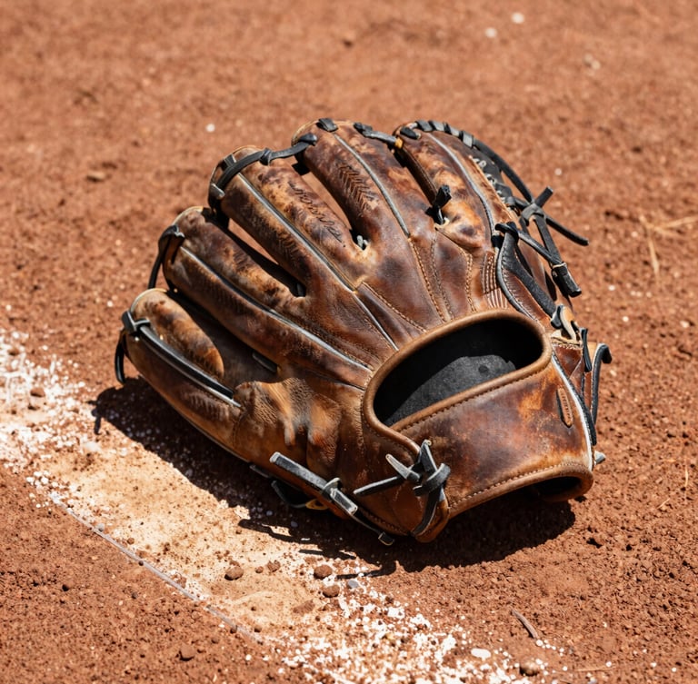Close-up of a worn leather baseball glove resting on home plate dirt, sharp direct sunlight, rich textures, 35mm lens.