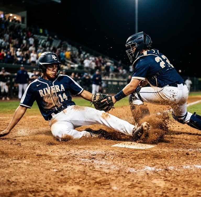 Low-angle dynamic shot of a high school baseball player sliding into home plate, dirt kicking up, high-contrast stadium lighting, dramatic shadows, 35mm lens