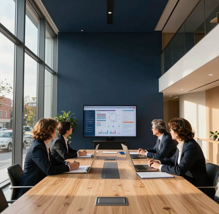 Environmental wide shot of a modern architectural boardroom in Madrid, warm natural sunlight streaming through high windows, professional advisors analyzing structured data on a screen, deep navy and sand tones, 35mm lens.