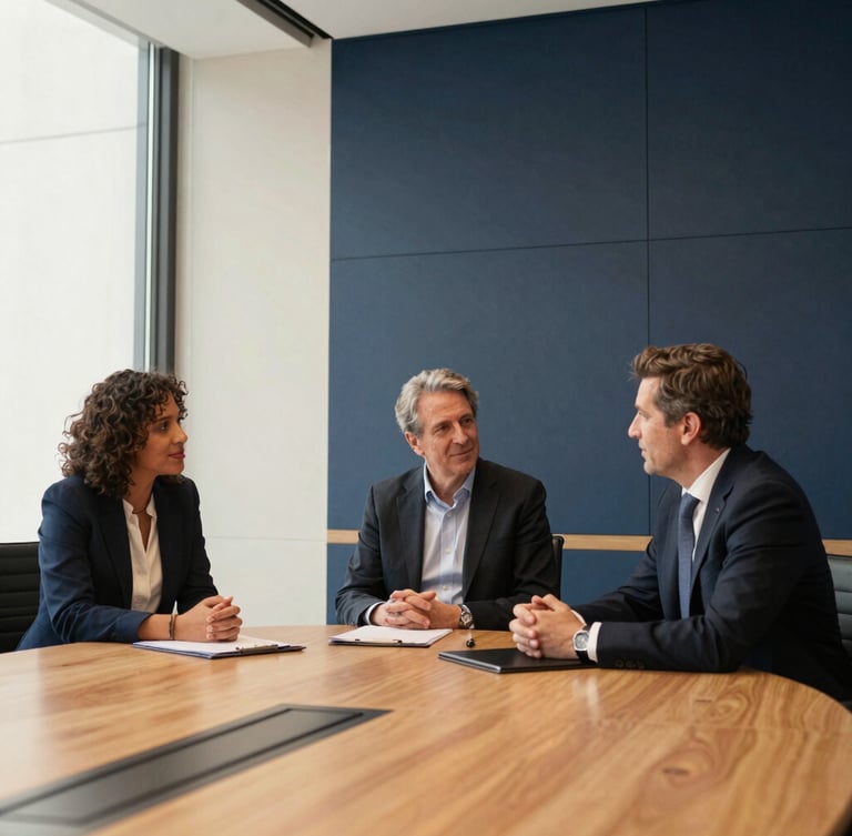 Medium-wide environmental shot of three diverse executives in a modern architectural boardroom in Madrid, warm natural window light, deep navy accents, professional candid interaction, 35mm lens