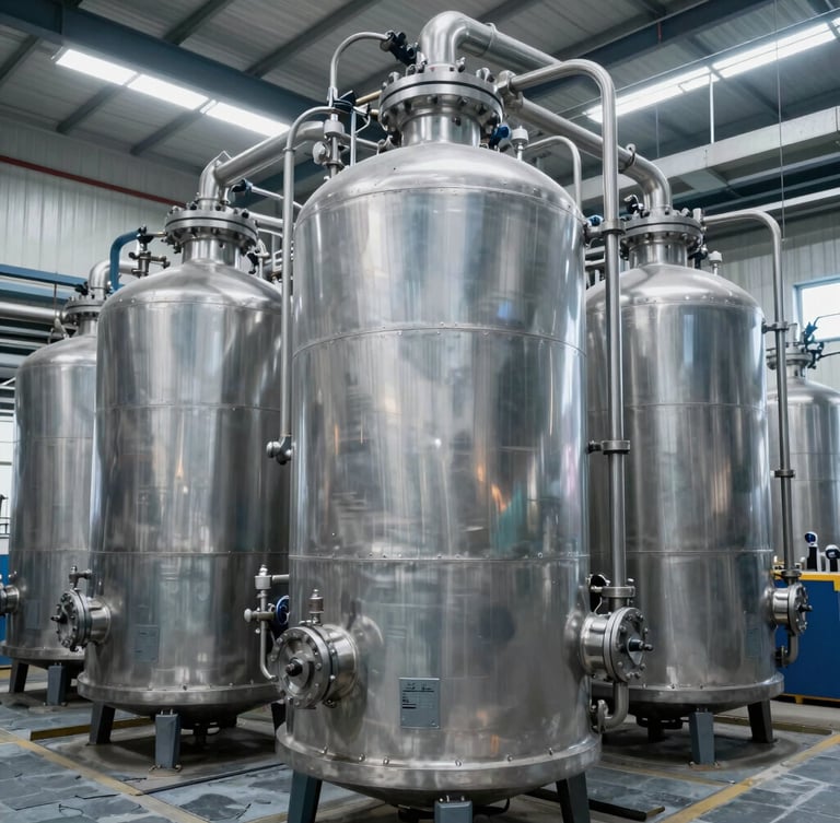 Sharp industrial photography of a massive steel mineral water bottling plant, bright cool-toned workshop light, slate tones, 50mm