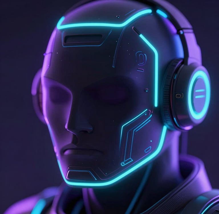 Macro close-up of a high-tech 3D holographic gaming avatar, glowing neon-purple and turquoise edge lights, dark obsidian background, octane render