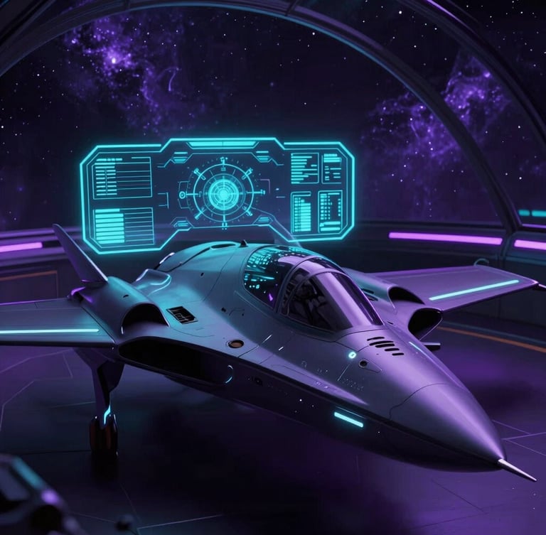 Sleek cockpit of a futuristic starfighter, glowing turquoise holographic HUD displaying tactical data, deep space nebula outside the glass canopy, dramatic purple ambient lighting, high-contrast 3D render.