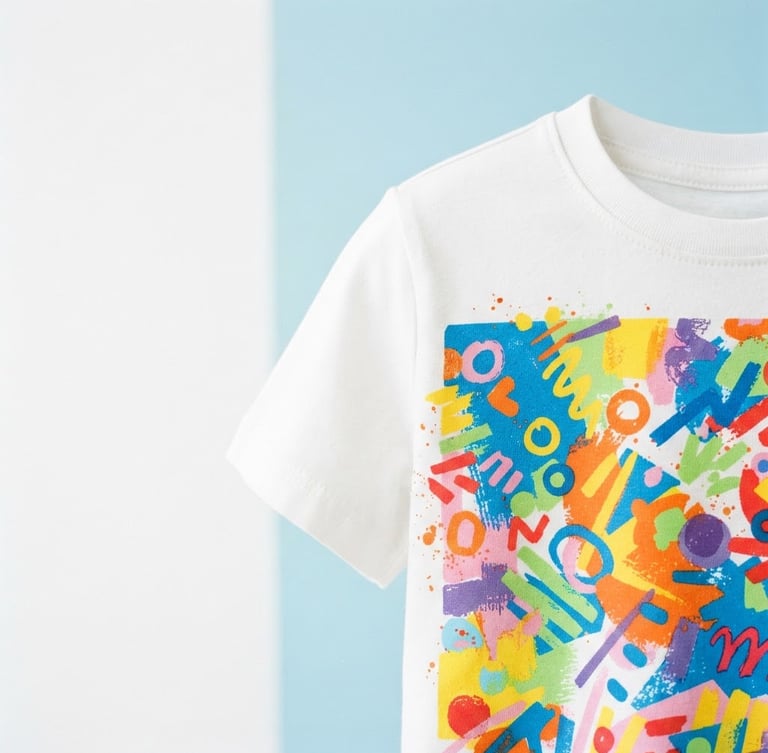 Close-up of a vibrant kids' graphic t-shirt detail, a bold, colorful abstract pattern, high-key studio light, crisp details, 35mm, wide shot, off-center subject, generous negative space on left.