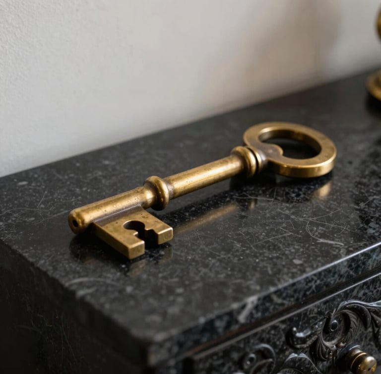 Vue rapprochée d'une clé en laiton poli posée sur une console en marbre noir d'un appartement haussmannien.