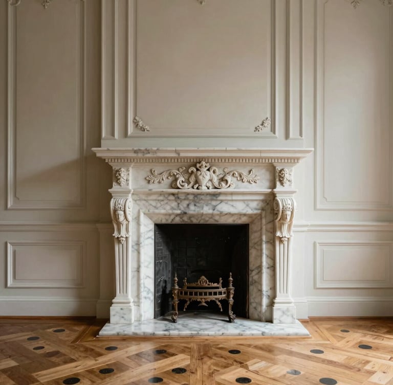 Vue d'un salon haussmannien baigné de lumière naturelle, parquet en point de Hongrie, cheminée en marbre et moulures d'époque, ambiance calme et luxueuse.