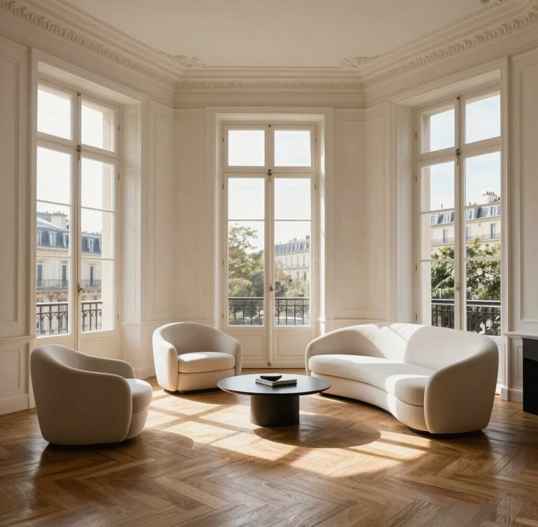 Wide architectural shot of a sun-drenched Haussmannian salon in Paris, herringbone parquet floors, classic white moldings, tall French windows with soft daylight streaming in, refined minimalist furniture.