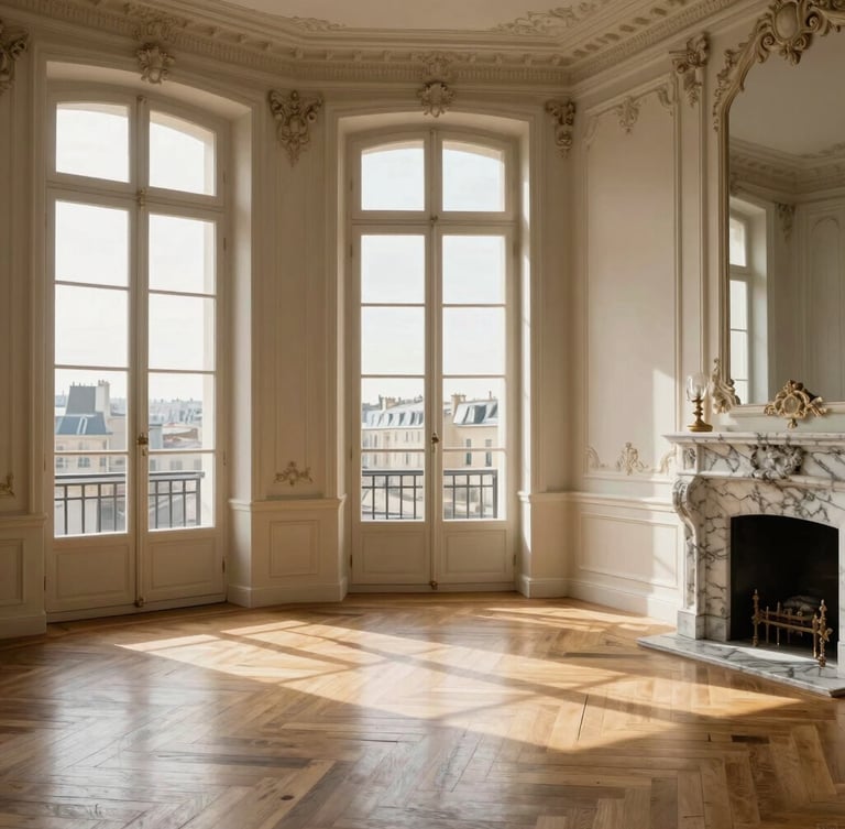 Soft natural Parisian daylight streaming through a tall Haussmannian window, highlighting herringbone parquet floors, elegant moldings, and a marble fireplace, architectural wide-angle.
