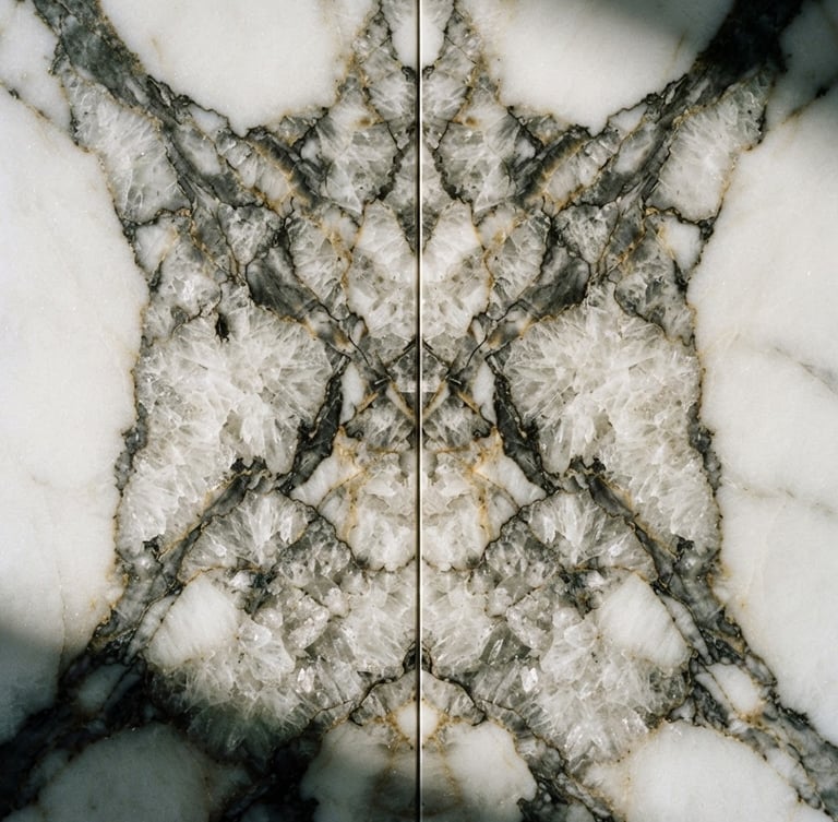 Extreme macro close-up of book-matched Calacatta marble veins, high-contrast side lighting highlighting crystalline texture, architectural focus, 35mm