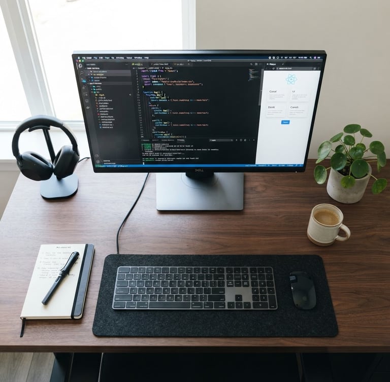 Overhead desk layout with a high-resolution screenshot of an interactive code sandbox on a modern monitor, bright natural window light, clean editorial photography, 35mm lens