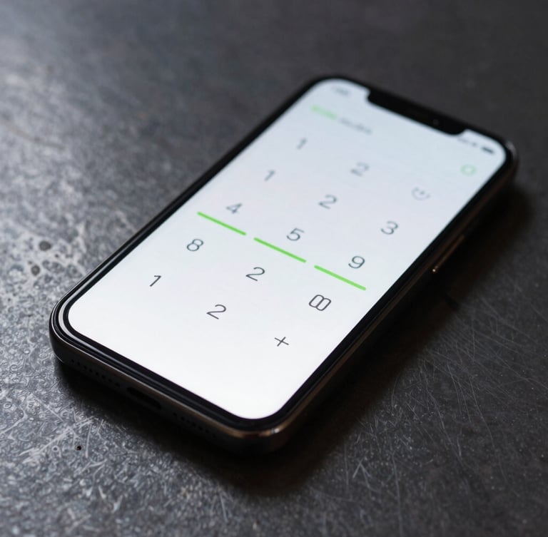 Macro shot of a physical Android device lying on a dark, reflective metal surface, displaying a clean, high-contrast minimalist calculator UI with sharp green accent lines under moody low-key studio lighting.