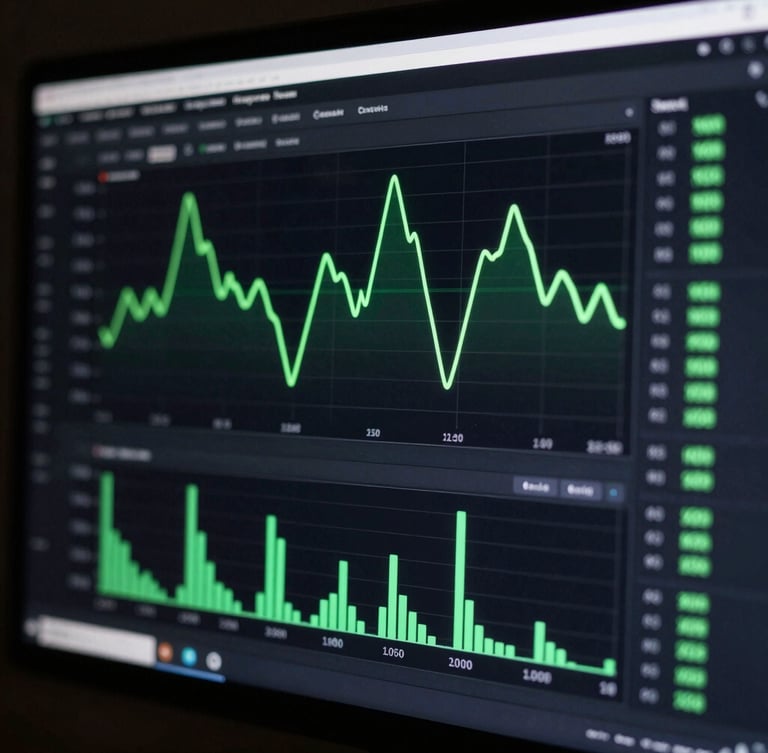 Macro shot of a high-resolution monitor displaying complex real-time ad manager graphs, glowing neon green lines on a dark obsidian dashboard, low-key ambient lighting, sora-ibm-plex style.