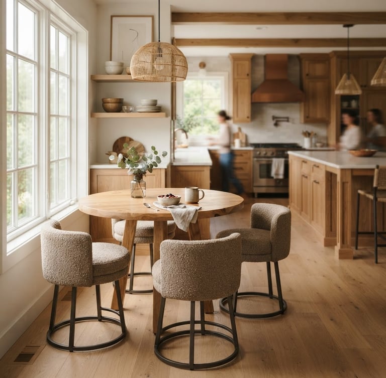 Warm editorial photography, a beautifully styled corner breakfast nook with a round oak table and fabric swivel stools, bathed in soft morning window light, rich natural wood tones, shallow depth of field, 35mm, expansive kitchen background with spatial flow, right side of image bleeds to edge.