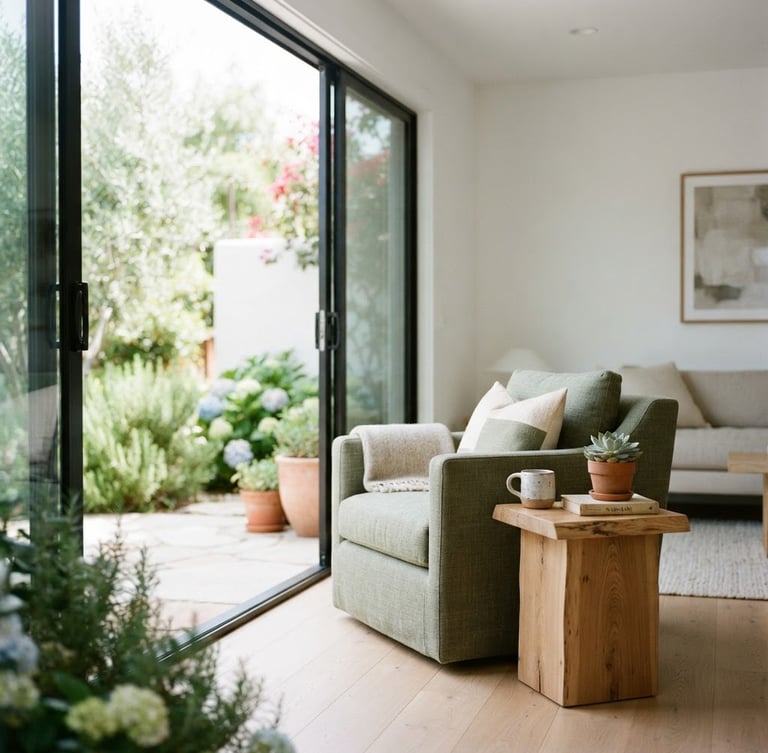 Bright architectural photography of a modern minimalist living room with open patio doors, soft natural daylight, shallow depth of field, 35mm