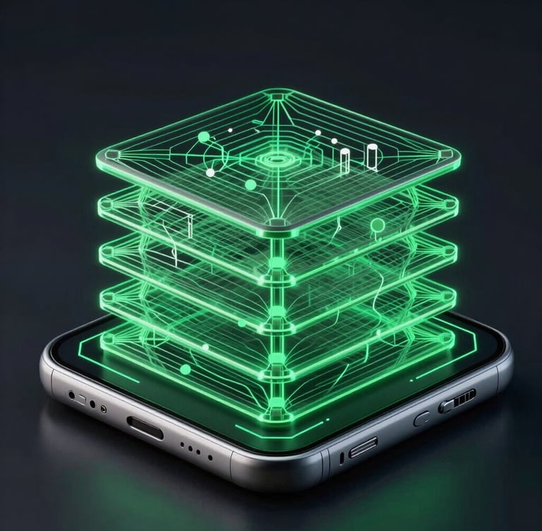 Isometric wireframe diagram of a mobile app database layer on a dark background, glowing green connection lines, technical blueprint style