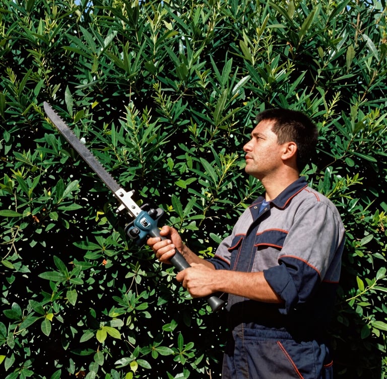 Low-angle heroic shot of a focused operator in workwear holding professional petrol hedge trimmers, sharp direct midday sun casting crisp shadows, dense green hedge background.