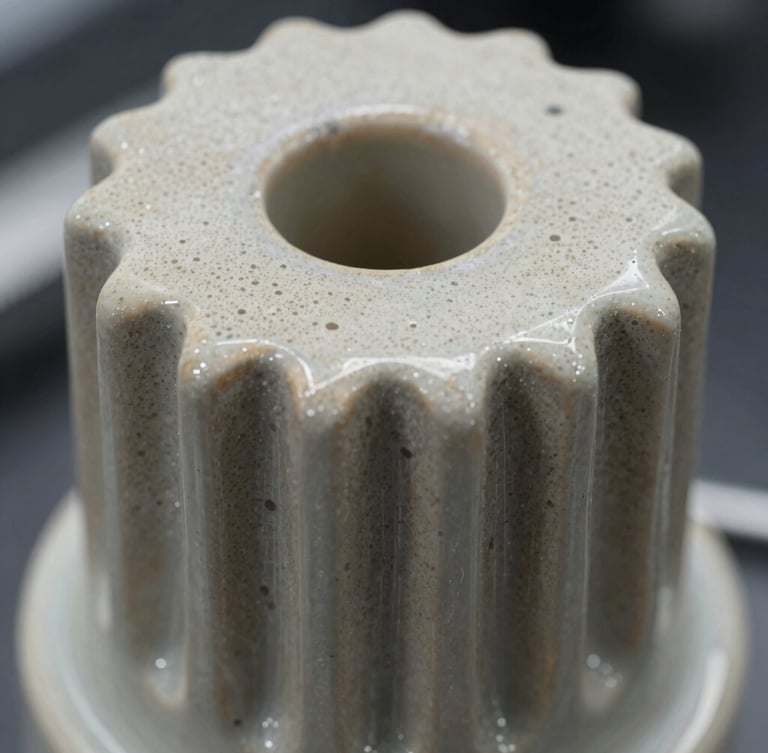Extreme close-up of a ceramic PTC heating element showing the micro-crystalline surface structure, high-precision laboratory lighting