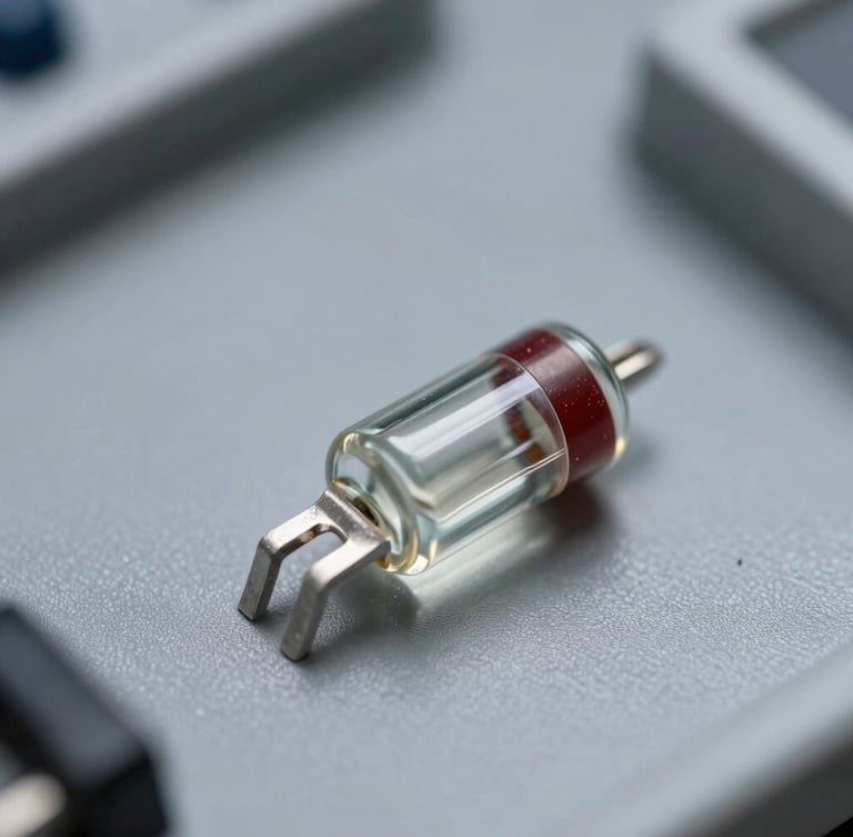 Extreme macro photography of tiny glass-encapsulated NTC thermistor beads on a clean slate gray technical grid, sharp focus on the glass envelope, sterile laboratory lighting, high-contrast.