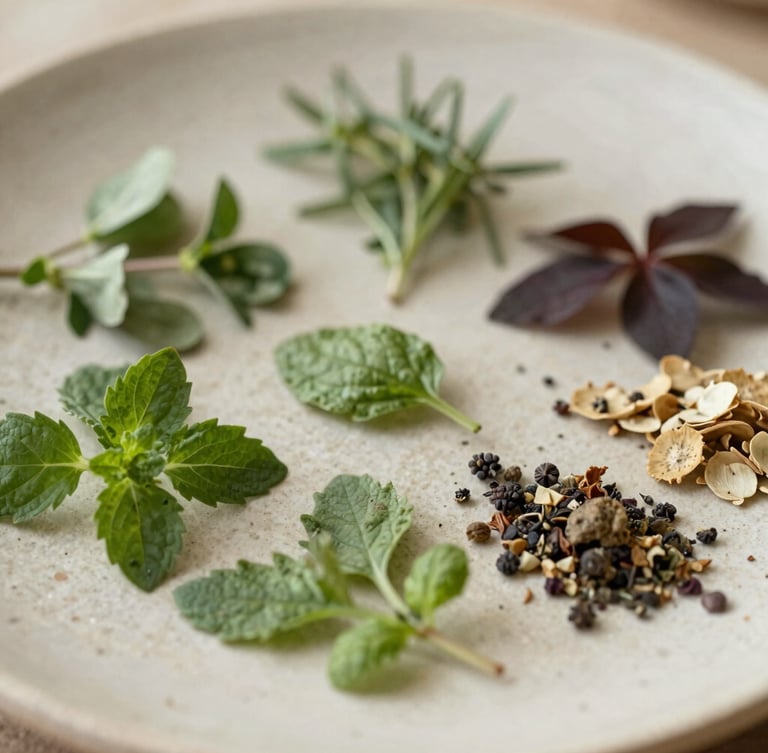 Close-up macro shot of artfully arranged fresh organic herbs and botanical ingredients on a minimalist stone plate, soft natural daylight, shallow depth of field.