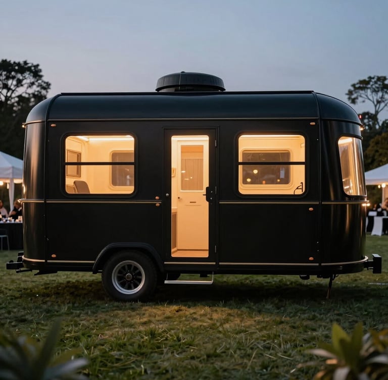 A symmetrical medium shot of a luxury mobile restroom trailer parked discreetly at a prestigious corporate event during twilight. Warm interior LED lighting glows through the frosted windows, casting a soft amber light on the manicured lawn. The exterior is matte black with subtle gold accents.