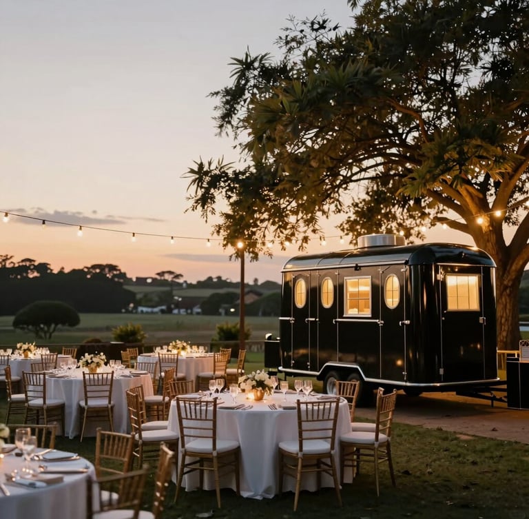 Wide panoramic view of a luxury wedding reception at twilight, an elegant black restroom trailer positioned discreetly on the right side under warm tree lights, soft golden hour glow.