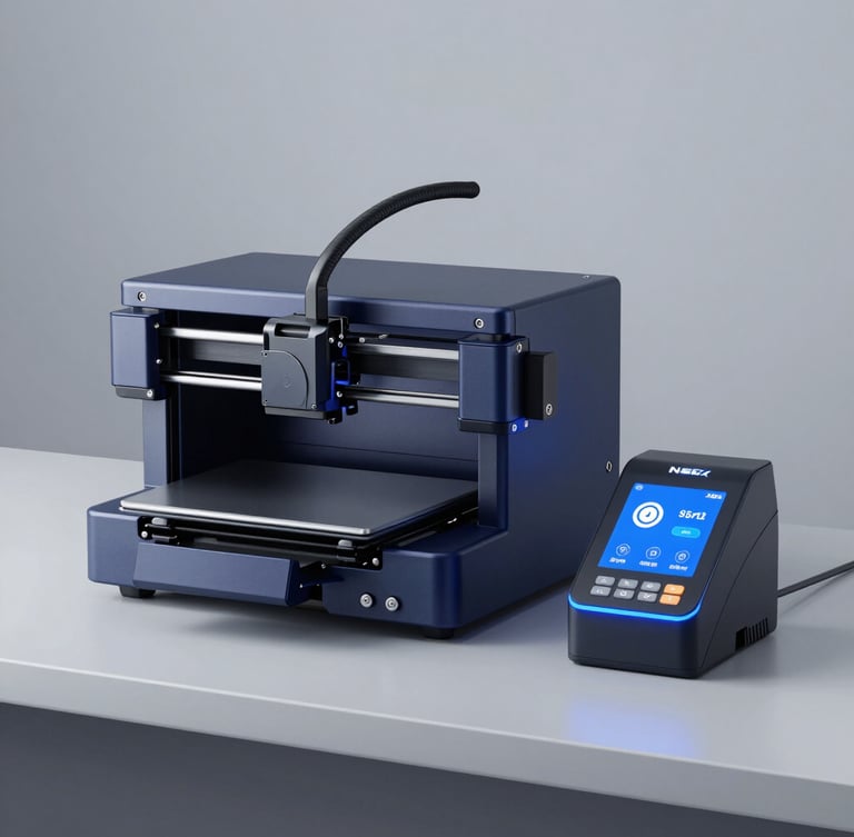 Sleek industrial 3D printer and automated fiscal terminal on a clean slate gray workbench, cool crisp studio lighting, electric blue highlights, sharp focus