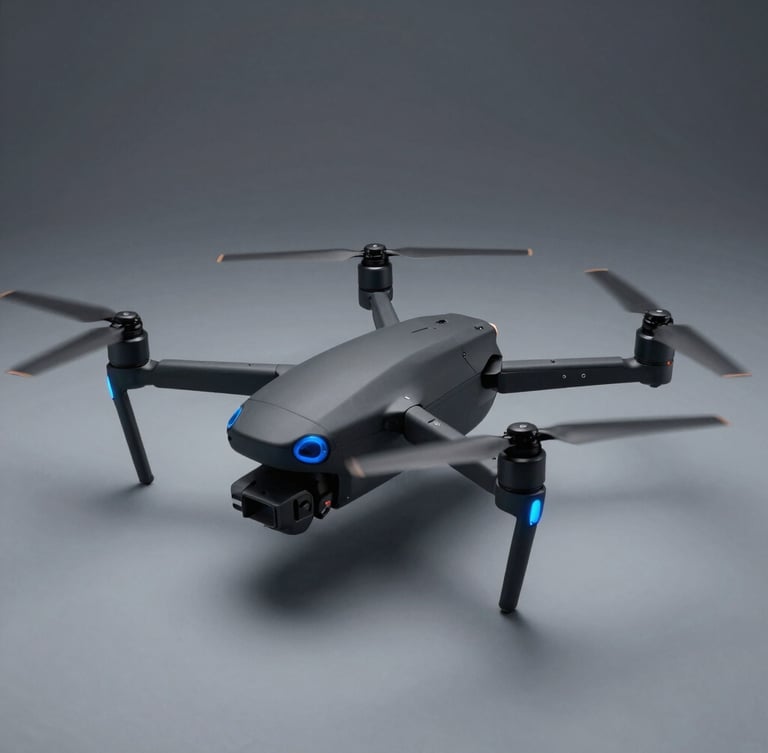 Sleek enterprise drone with multi-rotor design captured in a cool crisp studio lighting, deep slate and electric blue highlights, sharp focus, 50mm