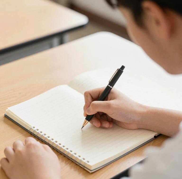 Close-up over-the-shoulder shot of a student writing in a clean notebook in a sunlit classroom, bright natural daylight, warm tones