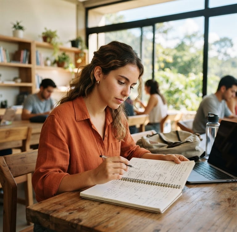 Bright editorial photography of a student looking at a notebook in a modern sunlit classroom in Morelos, warm inviting tones, clean composition, 35mm lens