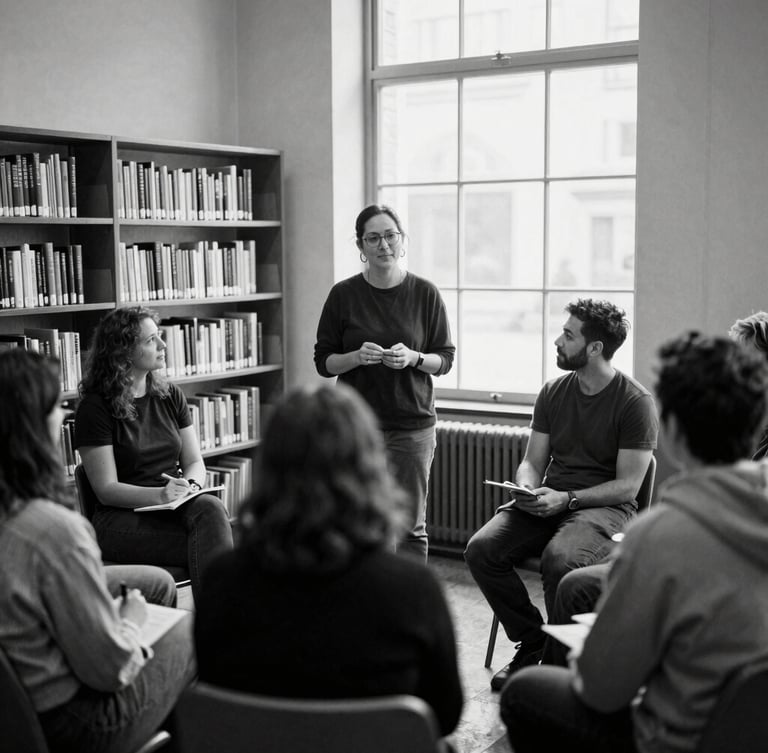 Candid environmental portrait of a community organizer leading an active roundtable discussion in a naturally lit library space, black and white, 35mm film.