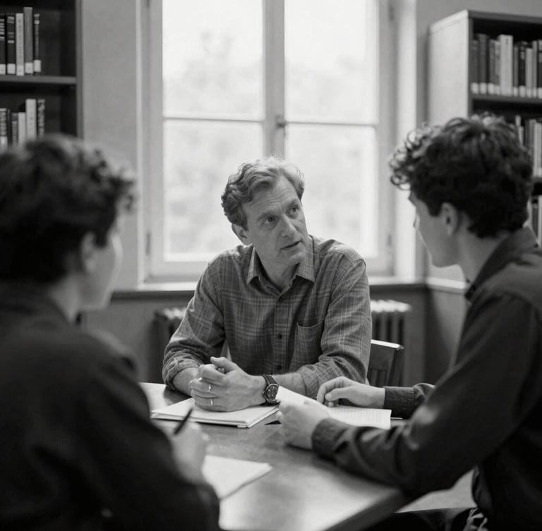A desaturated black-and-white medium shot of a mentor and student in active discussion in a quiet, sunlit university library, natural window light, candid, 35mm film, shallow depth of field.