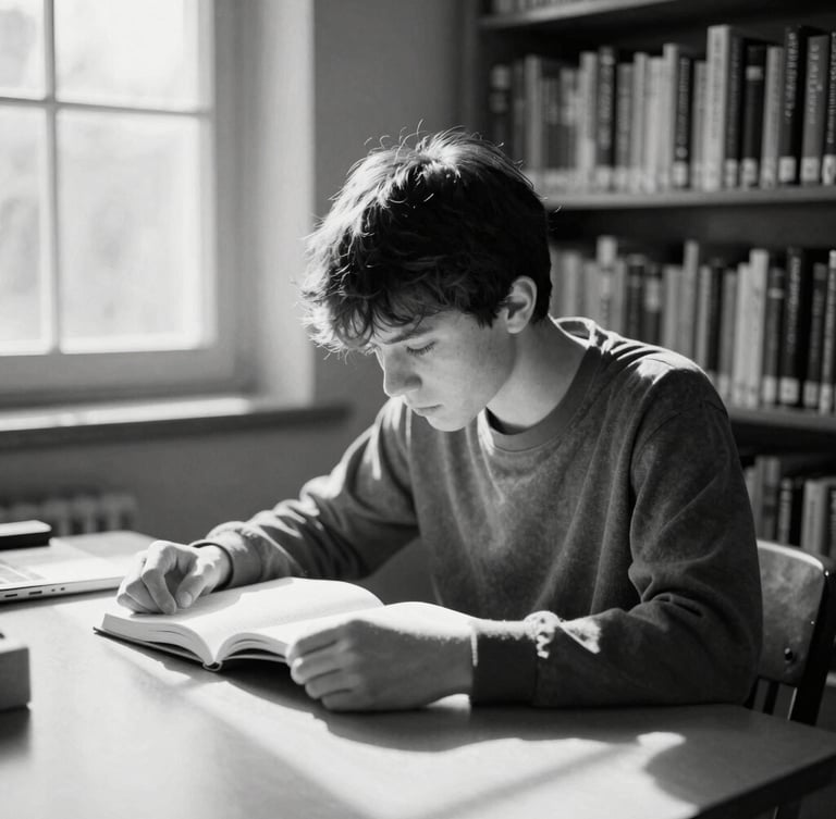 A focused student reading at a library desk, soft natural window light casting gentle shadows, high-contrast black-and-white photography, 35mm film style
