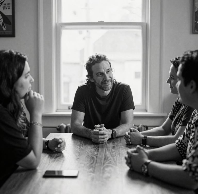 High-contrast black-and-white environmental portrait of community organizers in active discussion around a wooden table, soft natural window light, candid 35mm film style